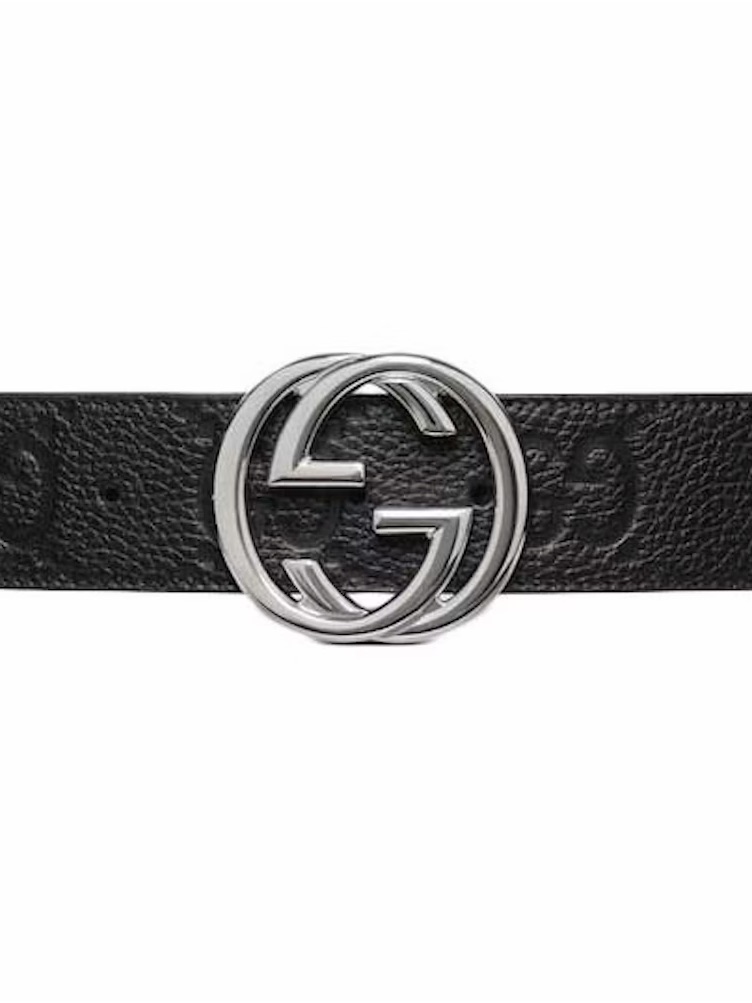 Gucci Black Leather Unisex Belt With Silver Interlocking G Buckle
